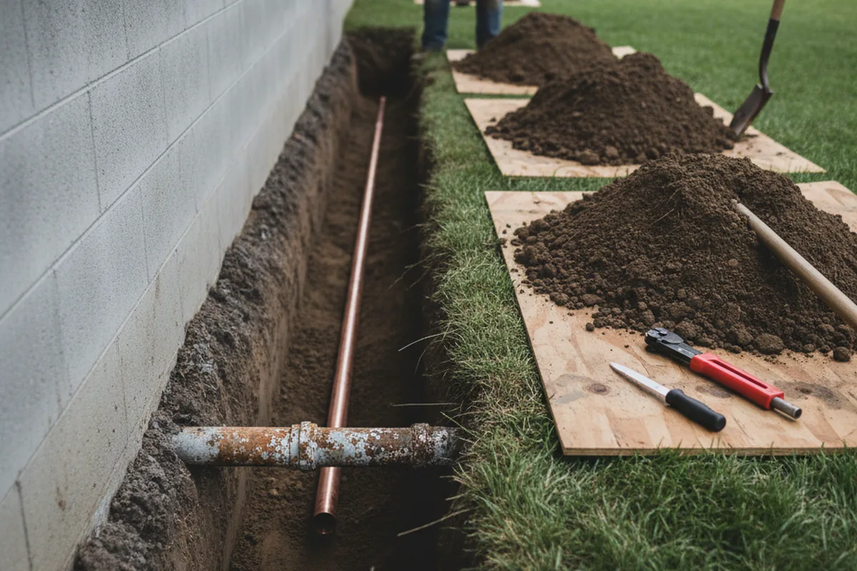 Excavated water line trench during Sewer Line Repair in Tallassee